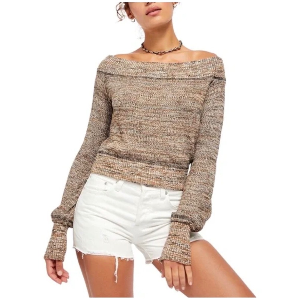 Free People Sugar Rush Off‎ The Shoulder Sweater Long Sleeve Cropped